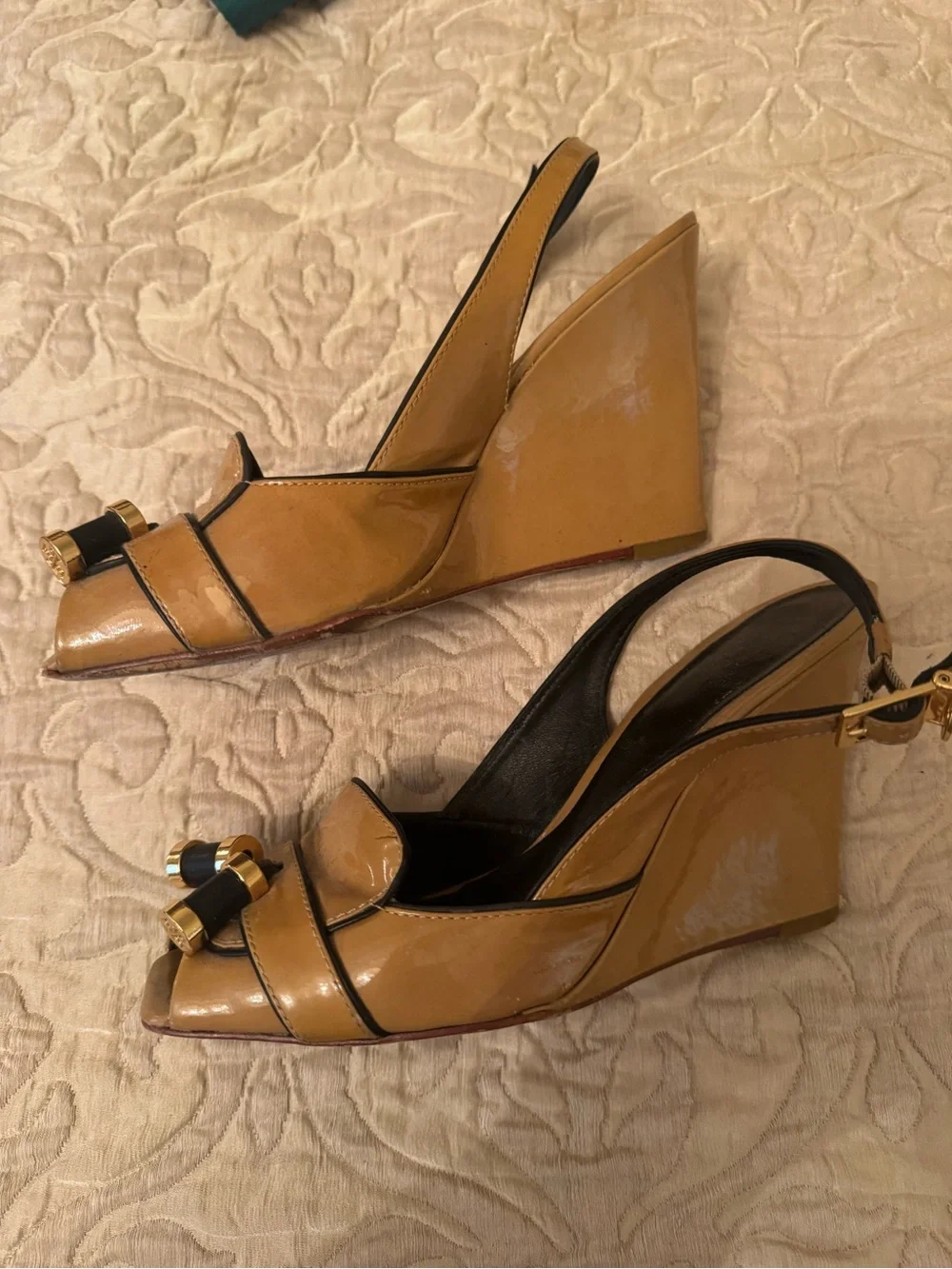 Tory Burch Tan and Black Slingback Wedge Sandals with Bow Detail
